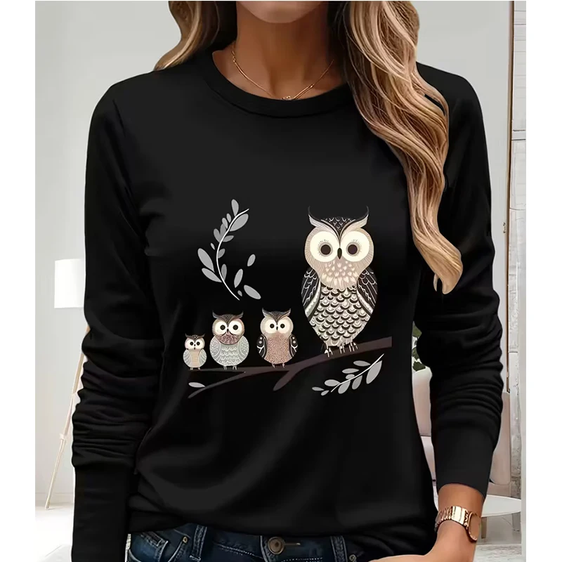 Tee Graphic Print - Owl Family Print Casual Long Sleeve